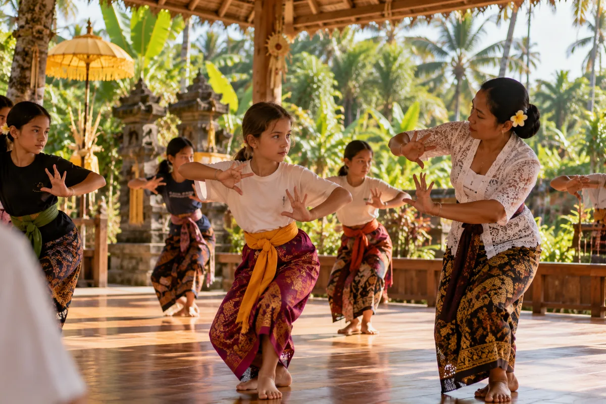Children learning Balinese dance with a teacher in an open pavilion in Bali