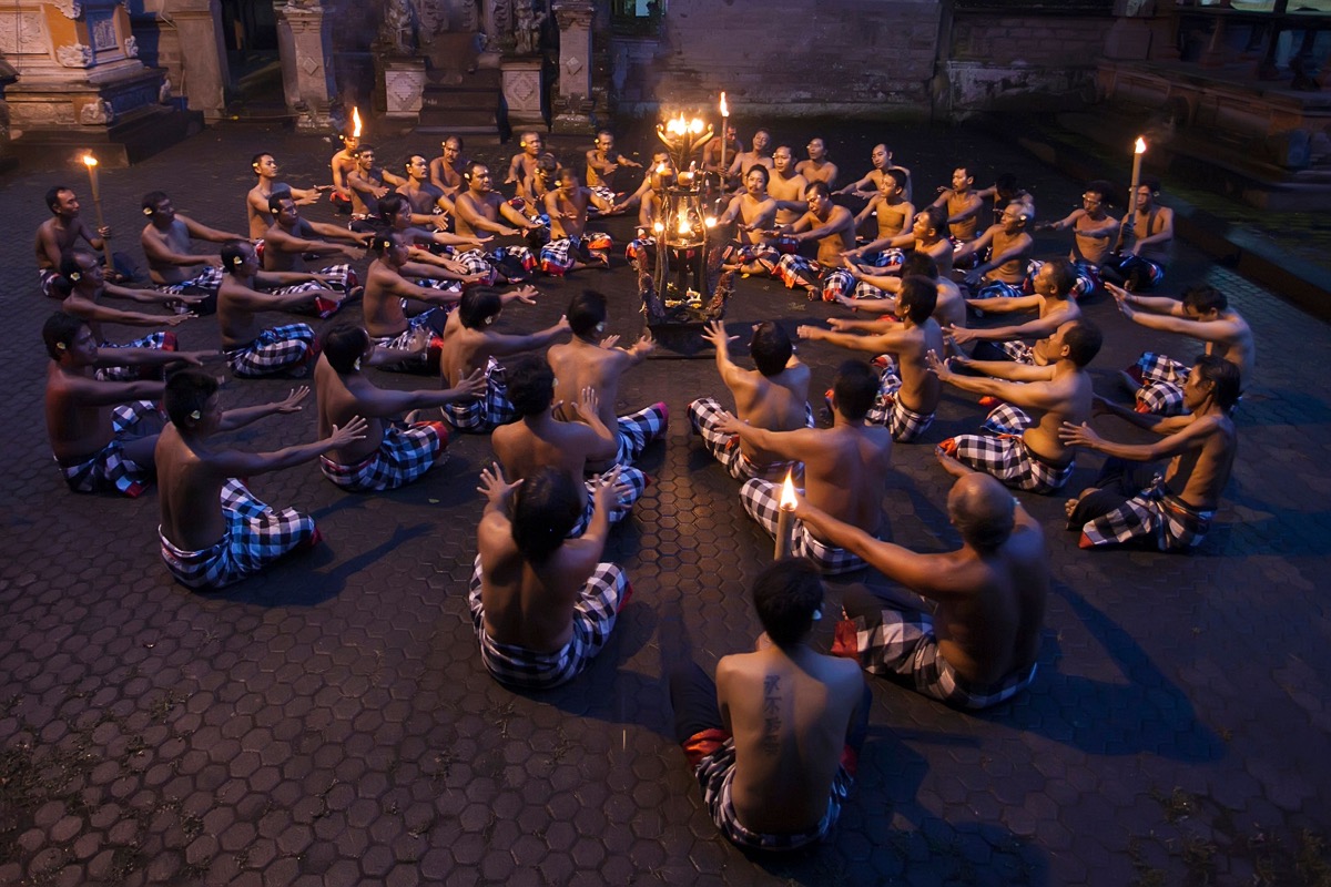 Students performing kecak in a circle in Bali