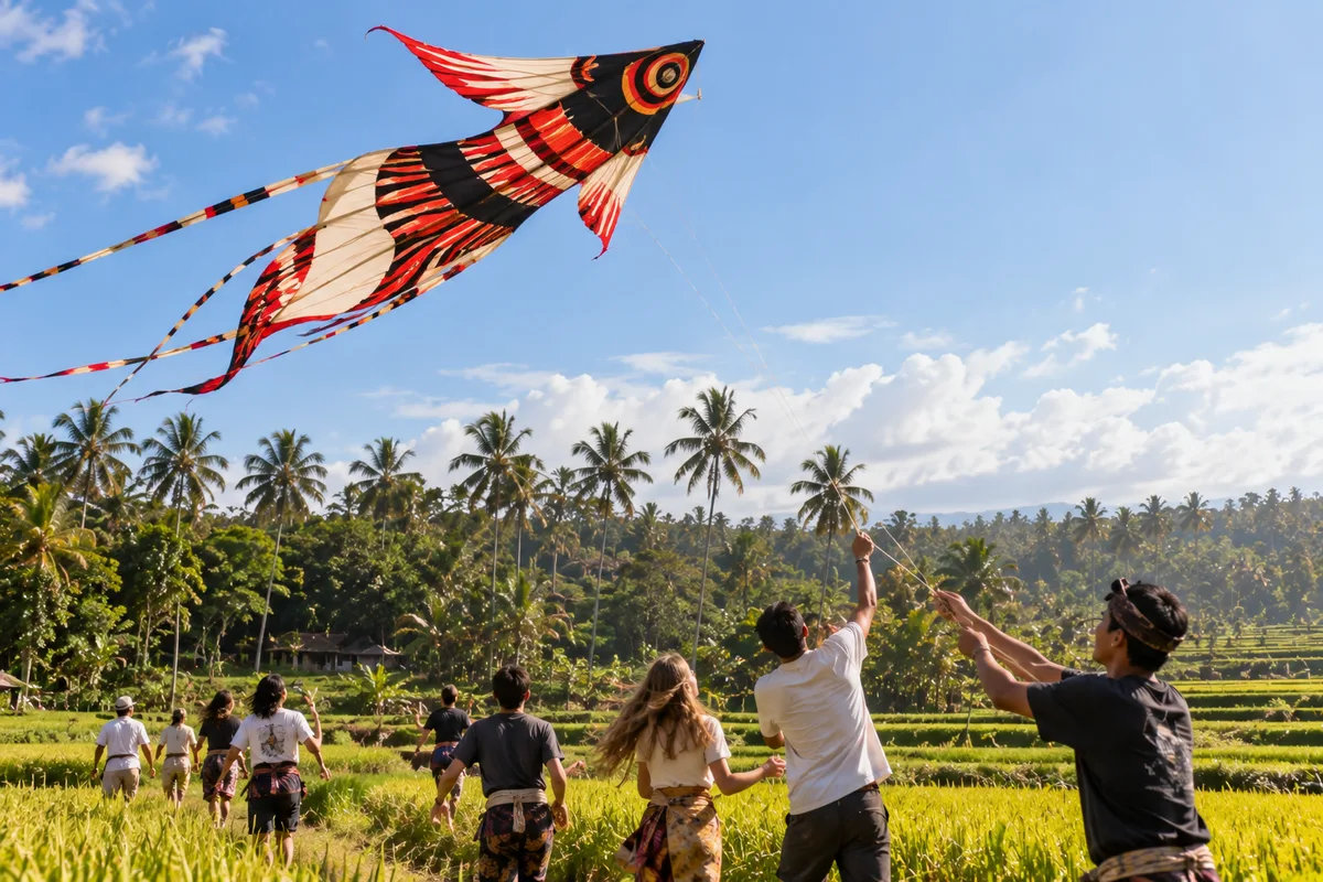 A group flying a fish shaped kite above rice fields in Bali