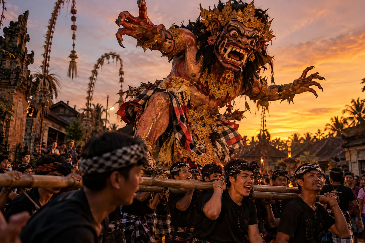 People carrying an ogoh ogoh figure through a village at sunset in Bali