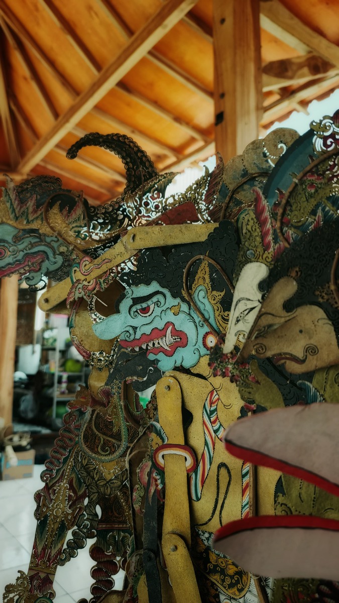 Wayang kulit shadow puppets prepared for a performance in Bali