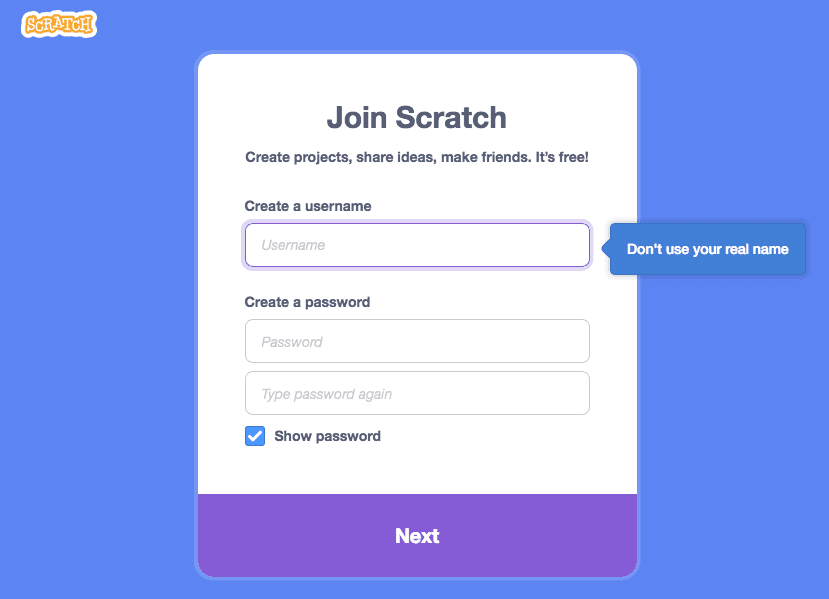 sign up on scratch